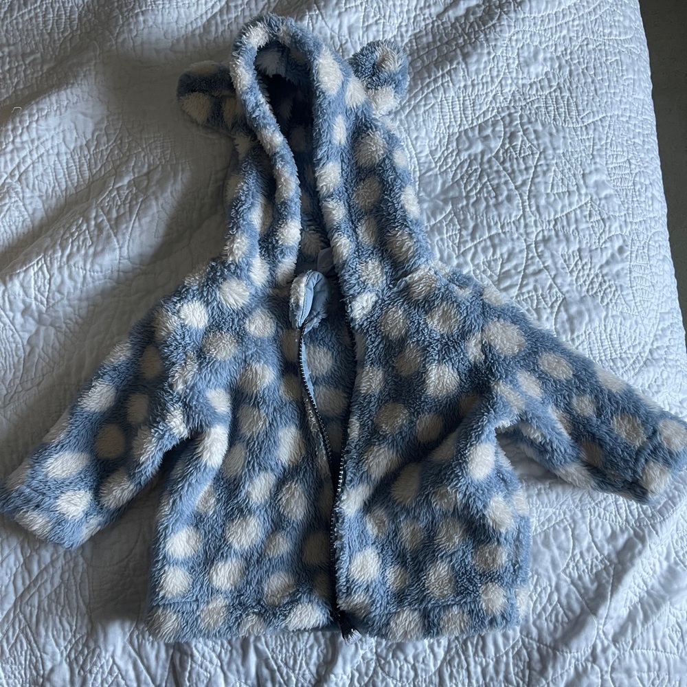 Hannah Anderson Blue and White Polka Dot Plush Hooded Jacket for Baby